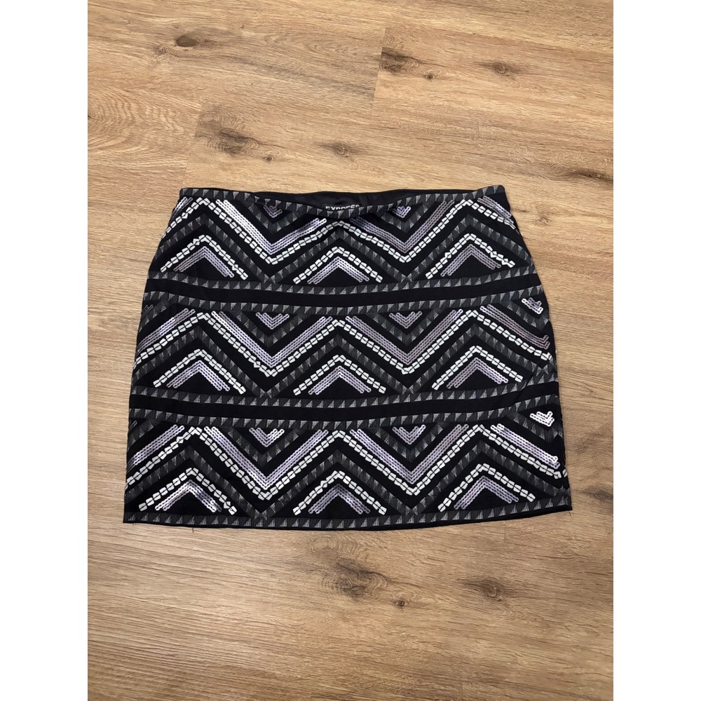 Express Sequin Chevron Mini Skirt Black Silver Lavender Geometric Size Small